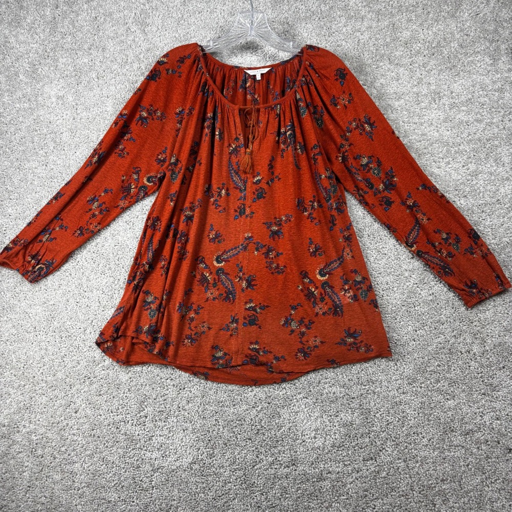 Lucky Brand Womens 1X Rust Orange Floral Paisley Linen Blend Tassel Peasant Top